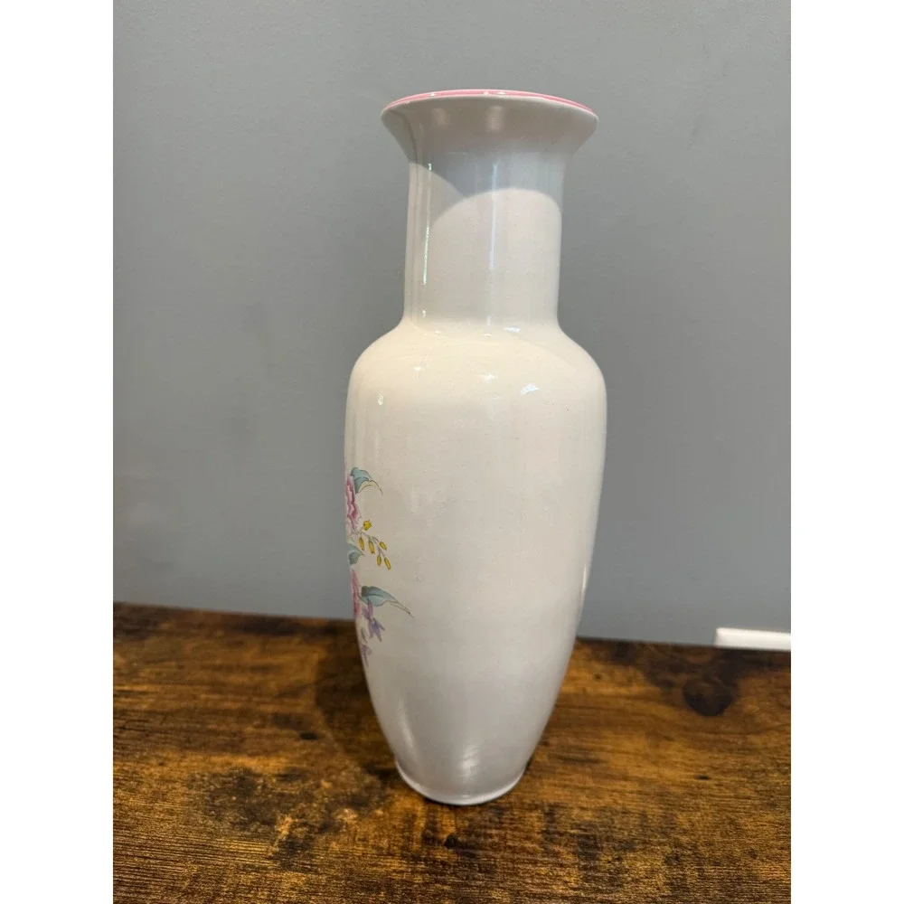 Lozapenco‎ Chile Vintage Floral Ceramic Vase Pink Peony White 11 Inch Baluster